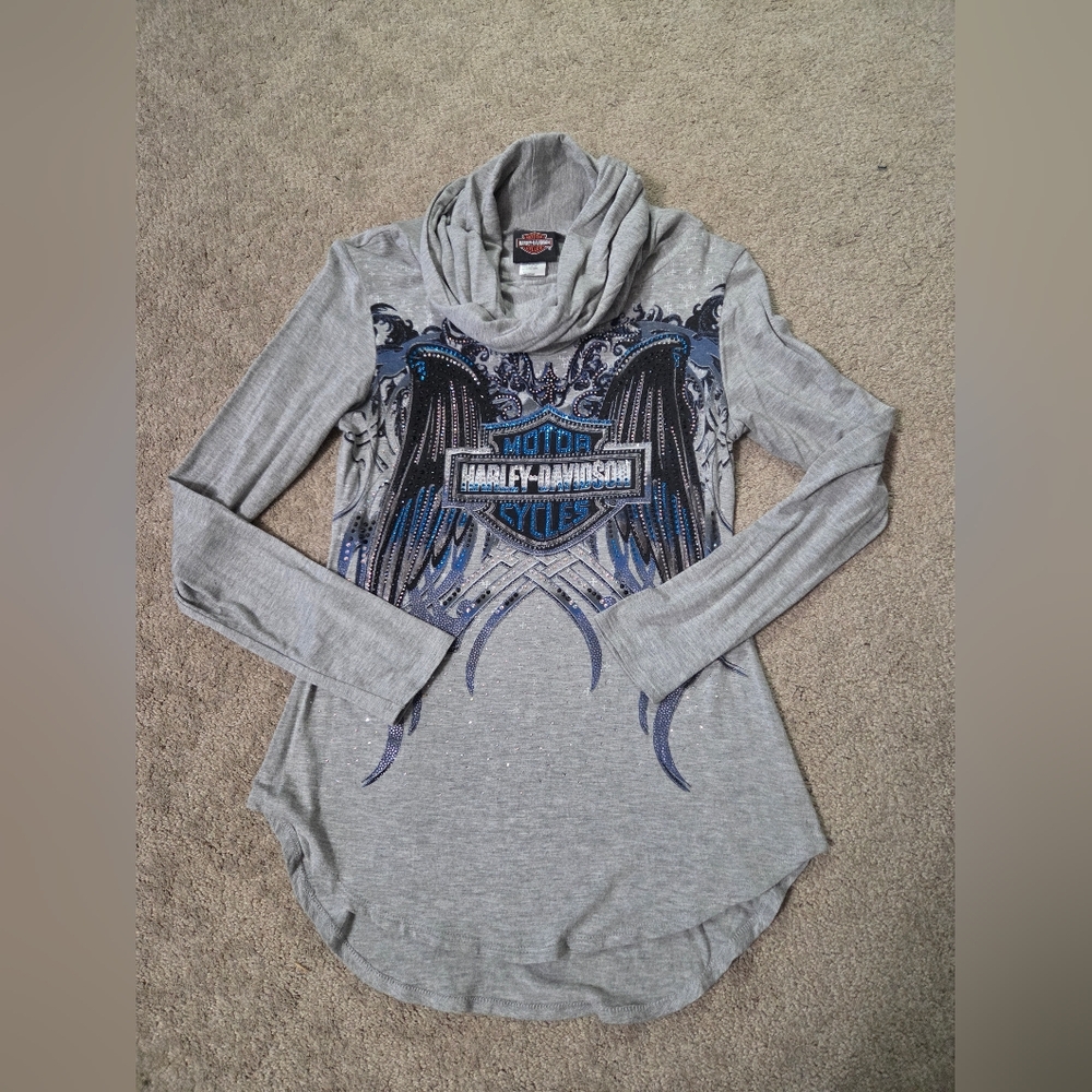 Harley-Davidson Tunic Length Rhinestone Cowl Neck Top Size Small